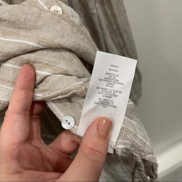 Susan Graver Long Sleeve Button Down Linen Shirt XL Tan Stripe Lagenlook - Picture 6 of 7